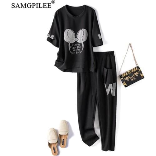 Women pant suit 2021 European Hot Rhinestone Cartoon Pattern Two-piece Set Woman Loose Top Harem Pants Sports Womens tracksuit