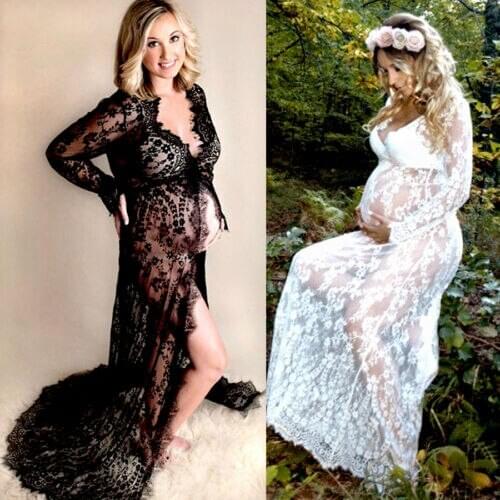Ladies Lace Floral V-Neck Long Maxi Dress Women Vestidos Pregnant Maternity Gown Deep V-neck Dress Photography Props Sundress