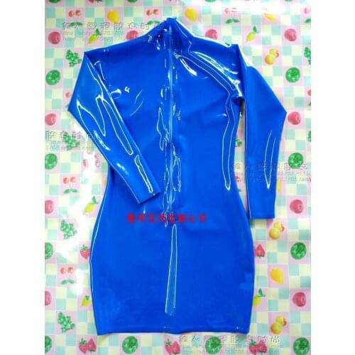 Handmade Long Sleeve Blue Women Latex Rubber Tight Thigh Dress with Front Zipper