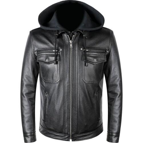 Winter Cowhide Real Leather Motorcycle Biker Jacket Mens Casual Detachable Hooded Genuine Leather Jackets Warm Thickened Coat