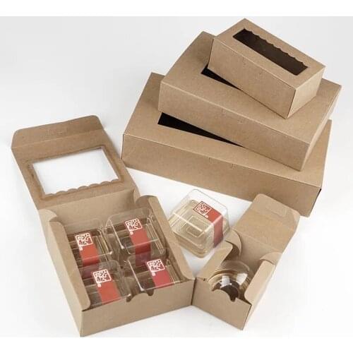 10pcs 2 Size DIY Paper Box with window Kraft Cardboard Paper Gift Box Cake Macaroon Packaging Box13.5*13.5*5cm /21.5*13.5*5cm