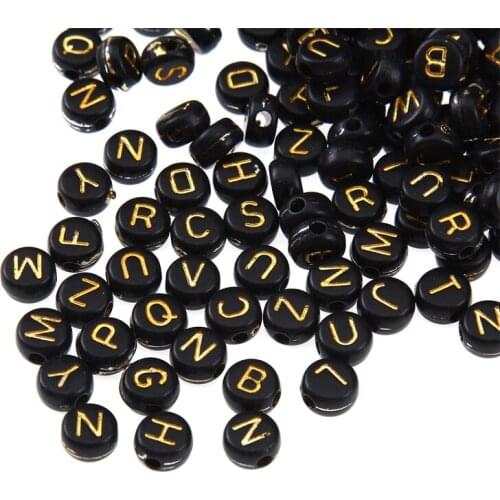 100Pcs/Lot 7*4mm Horizontal Hole 2mm Initials Beads Acrylic Round Black Gold Letter Beads For DIY Making Necklace Name Bracelets