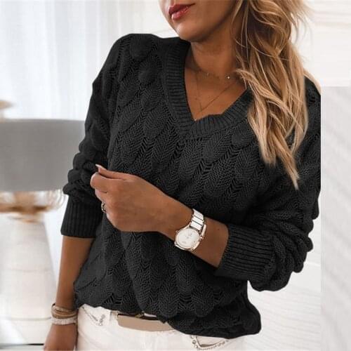 2021 New Sweater Knitted Feather Hollow V-neck Long Sleeve Sweaters Womens Pullovers Solid Color Casual Tops Fashion Clothing