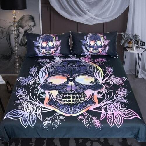 Skull Bedding Set Mosaic Color Flower Leaf Skull Comforter Cover Colorful Skeleton Bedspread Vintage Duvet Cover 3Pcs
