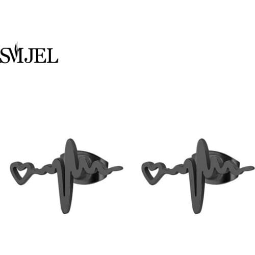 SMJEL Black Earings Stainless Steel Heart Studs Wave Heart Jewelry ECG Doctor Nurse Gifts Women Heartbeat Earrings bijoux