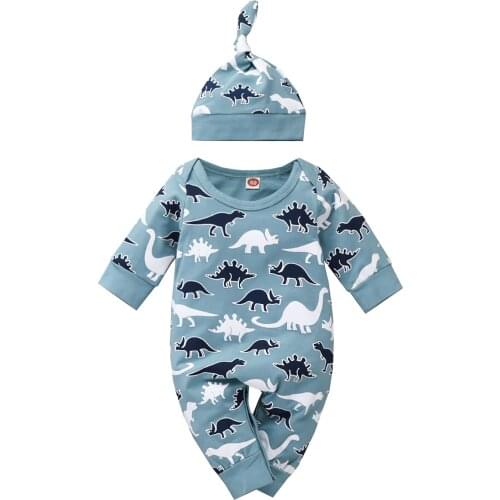Babies Casual Two-piece Clothes Set Dinosaur Printed Pattern Long Sleeve Romper and Cap Blue/ Yellow