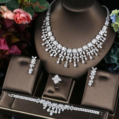 Janekelly 4pcs Bridal Zirconia Full Jewelry Sets For Women Party, Luxury Dubai Nigeria CZ Crystal Wedding Jewelry Sets