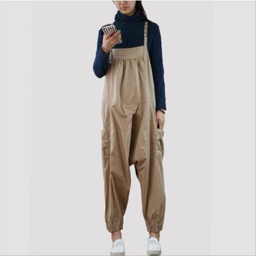 Womens Summer New Loose Casual Stitching Large Pocket Jumpsuit Simple Solid Color Low Crotch Casual Trousers