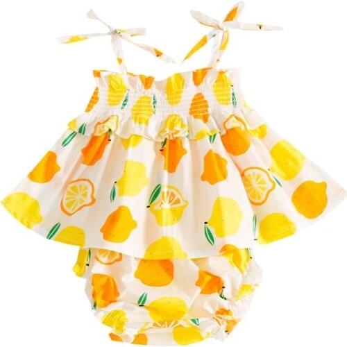 Baby Girl 3pcs Summer Outfit Fashion Lemon Printing Suspender + Pants + Headband Set Clothes Infant Baby Clothing set