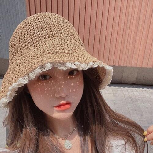 Lace Straw Hat Womens Department Small Qingxin Lace Beach Hat Summer Version Of The Korean Sun Shade Grass Woven Fisherman Hat