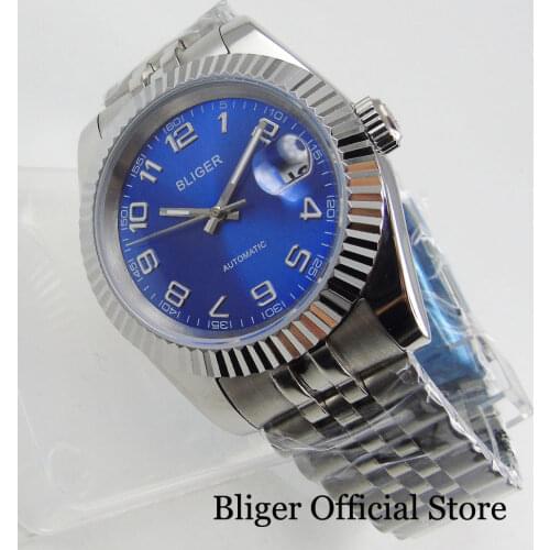 BLIGER 36mm Date Just Fluted Bezel MIYOTA 8215 Blue Dial Automatic Men Watch Jubilee Bracelet