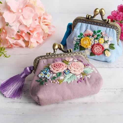 DIY Ribbon Flower Embroidery Beginner Sewing Kit Cross Stitch Series Crafts Coin Purse Handmade Material