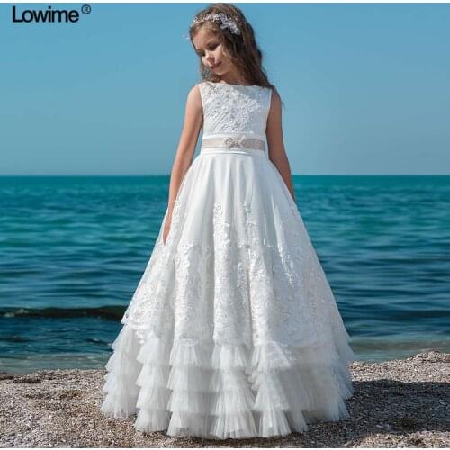 New White Lace Flower Girl Dresses With Pearls Sleeveless First Communion Dresses For Girls Christmas Party Gowns Custom
