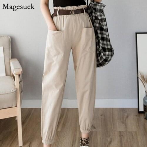 Autumn Casual Harem Pants Women Trousers 2021 High Waist Casual Sweat Pants Women Pockets Sweatpants Belt Cargo Woman Pants 7173