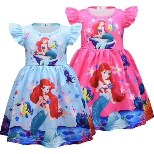 Baby Girl Short-sleeved Cartoon Print Mermaid Dress Milk Silk Twirl Dresses Carnival Kids Clothes