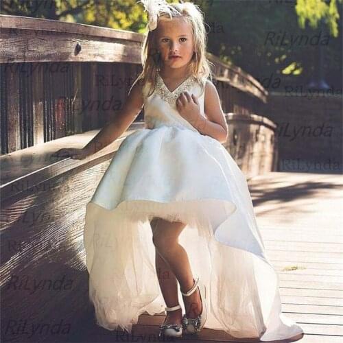 High Low ivory Flower Girls Dresses Crystal diamond Lace Communion Dresses Girls Pageant Gown Kids Clothes for Birthday