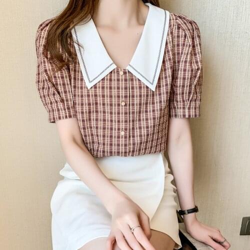 2021 Summer New Korean Style Chiffon Shirt Puff Sleeve Short Sleeve Plaid Shirt Womens Top Shirt Design Sense Niche