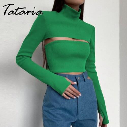 Sexy Hollow Out Sweatshirts for Women Sweaters Fashion 2021 Autumn Green Ribbing Skinny Knitted Pullovers Short Tricot Jumper