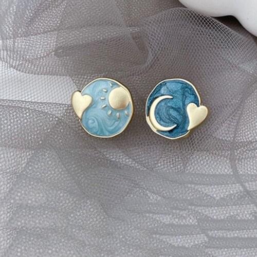 Gold Moon Heart Clip Earrings Non Pierced Simple Enamel Jewelry Fake Piercing Ear Clips Blue Geometric Round Earings