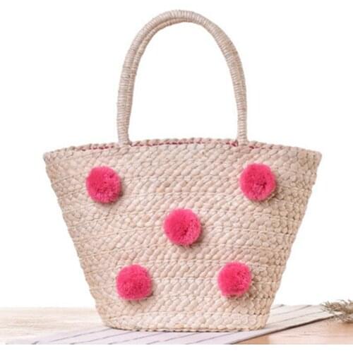 New shoulder straw bag national wind wool ball leisure beach bag summer leisure travel vacation woven bag