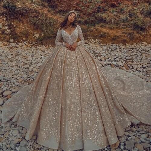 Luxurious Champagne Ball Gown Crystal Wedding Dress Long Sleeves V Neck Sequins Bridal Gowns Customise vestido de novia