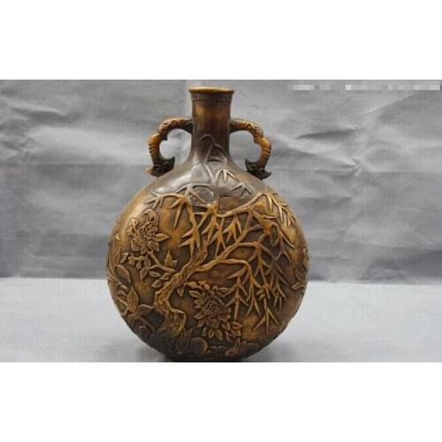 USPS to USA S0604 China Folk Copper Bronze Feng Shui longevity Peach Magpies Bottle pot Flat Vase
