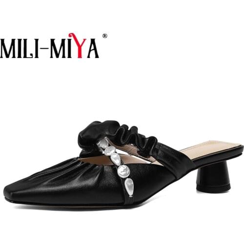 MILI-MIYA Attractive Square Toe Round Heel Women Mules High Quality Slip On Slides Summer Pleated Irregular Stone Party Shoes