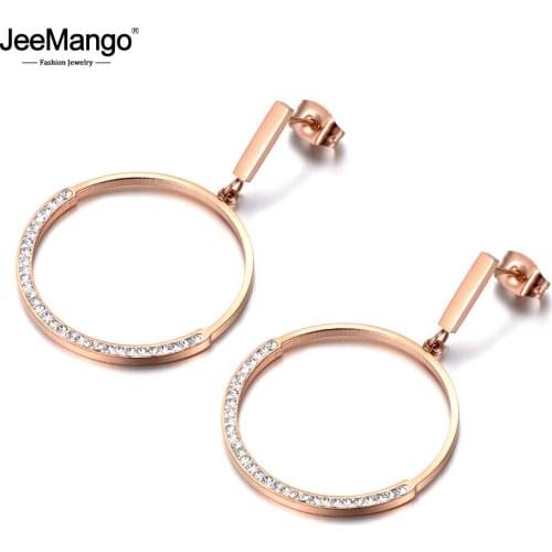 JeeMango Semi-circle Crystal Rhinestone Inlayed Stainless Steel Earrings For Women Rose Gold Bijoux Brincos Pendientes JE18087