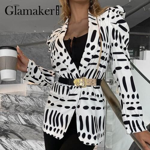Glamaker Chic geometry prited office ladies blazer Autumn fashion white long sleeve jacket overwear Elegant women blazer coat