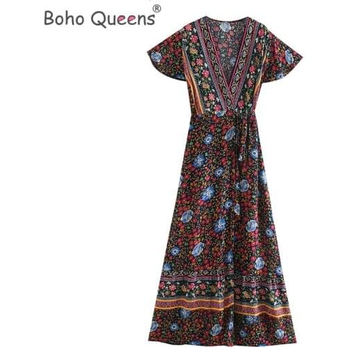 Boho Queens Women Floral print bat sleeve beach Robe Bohemian maxi dress Ladies sexy V neck Summer happie dress vestidos