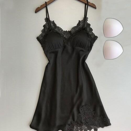 Women Lingerie V Neck Nightwear Sexy Satin Sleepwear Mini Teddy Lace Chemise With 2 cotton pads