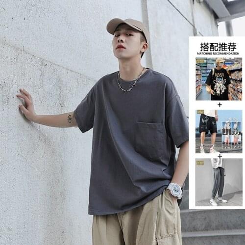 #1006 Black Gray Orange Top Round Neck Half Sleeve T Shirt Men Solid Vintage Cotton T Shirt Tee Shirt Casual Pocket Summer
