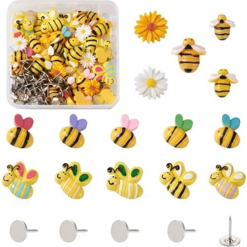 120Pcs Bees Daisy Flower Resin Flatback Cabochons with Flat Head Pin For DIY Jewelry Making Decoration Push Pins Making Kits