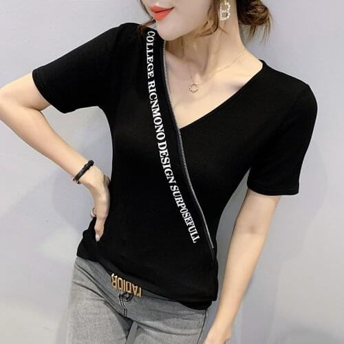 #6030 Summer Black White T Shirt Women V Neck Sexy Streetwear Tshirt Cotton Slim Short Sleeve T Shirt Female Fashion Womens Tops