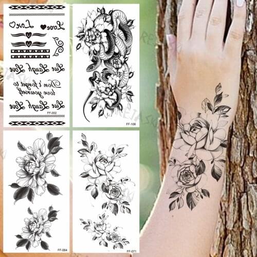Black Peony Temporary Tattoos For Women Girls Realistic Letter Snake Flora Fake Tattoo Sticker Hot Sale Arm Body Tatoos Holiday