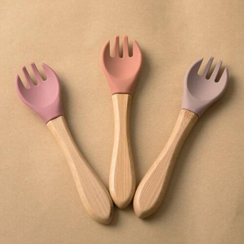 Baby Silicone Spoon Fork With Wooden Handle Feeding Supplies Accessories Organic BPA Free Food Grade Material