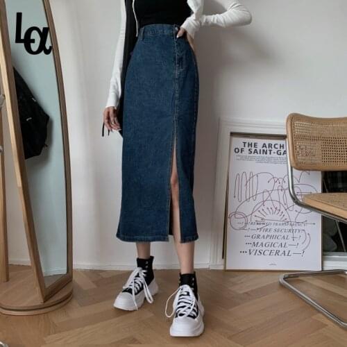 Luck A Chic High Waist Side Slit Denim Mid-Length Skirt Vintage Harajuku Solid All-match Jean Skirts Women Clothing Streetwear