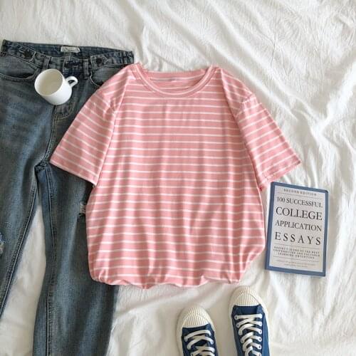 T Shirt Solid Color Striped T-shirt O-Neck Short Sleeve Korean Fashion Harajuku All-match Stylish Striped Bottoming Shirt Top