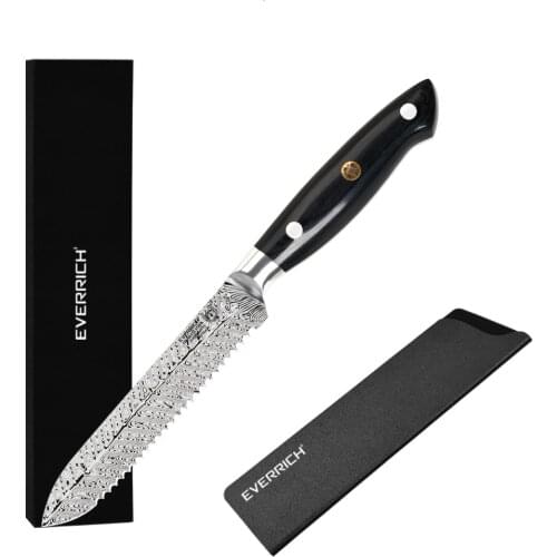 EVERRICH 5 inch Utility Knife with Serrated Teeth Chef Knives Damascus Fishbone Pattern Kitchen Knives with Pakka Wood Handle