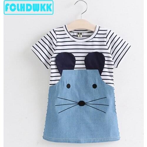 2019 Summer Girls Cute Cat Short Sleeve Dresses Stripe Cotton 2-8Y Kids Party Dresses for Kids girls Princess Dress Tops Clothes