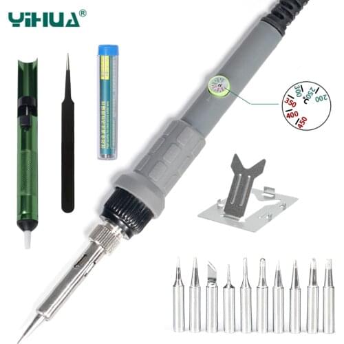 YIHUA 60W Electrical Soldering Iron Kit Adjustable Temperature Rework Welding Tool Soldering Station 10pcs Iron Tips Solder Wire