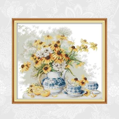 Daisies and Blue and White Porcelain Cross Stitch Kits DIY Handwork Embroidery Needlework 14CT 11CT Printed Prattern on Canvas