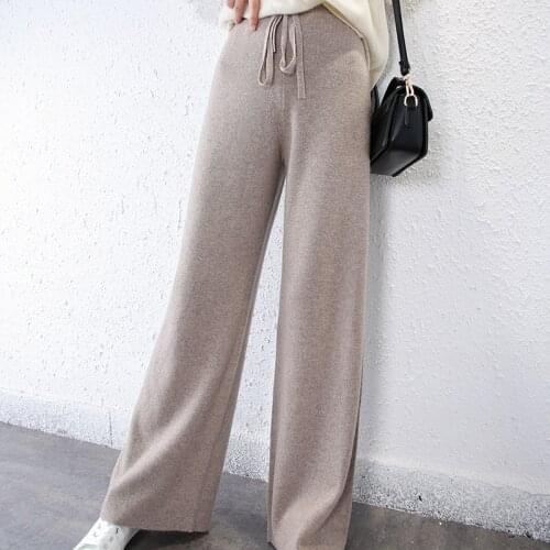 New autumn and winter womens pants 100% wool knitted wool pants wide-leg pants Korean casual ladies pants loose and warm