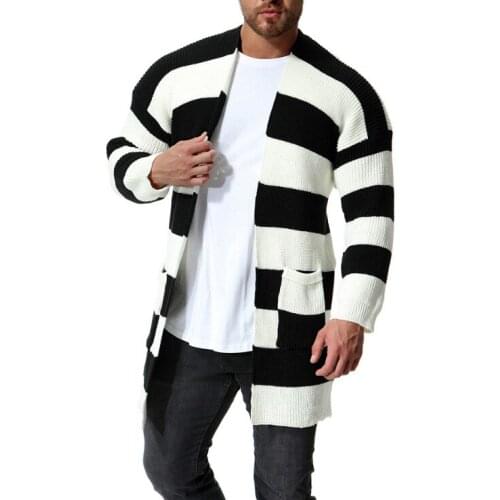 New Brand Long Cardigan Sweater Men British Style Loose Black White Striped Sweatercoat With Pocket Knit Windbreaker Male