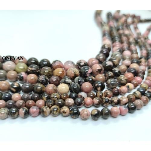 ONEVAN Natural Black Stripe Rhodochrosite Pink Rhodonite Beads Smooth Round Stone Bracelet Necklace Jewelry Making Gemstone