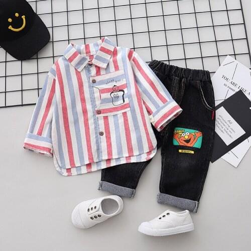 1 2 3 4 5 Years Toddler Boys Clothing Sets Casual Striped Long Sleeve Shirt Cartoon Jeans 2pcs Kids Clothes Children Suits 2020