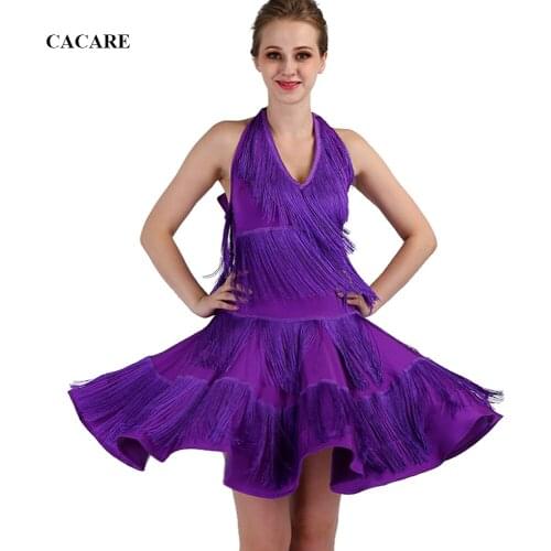 Customized Latin Dance Dress Latin Competition Dresses Flapper D0465 Purple with Big Tassel Hem Halter Backless