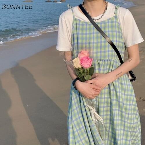 Dress Women Vintage Simple Plaid Lovely Female Clothing Students All-match Folds Japanese Preppy Style Leisure A-line Holiday