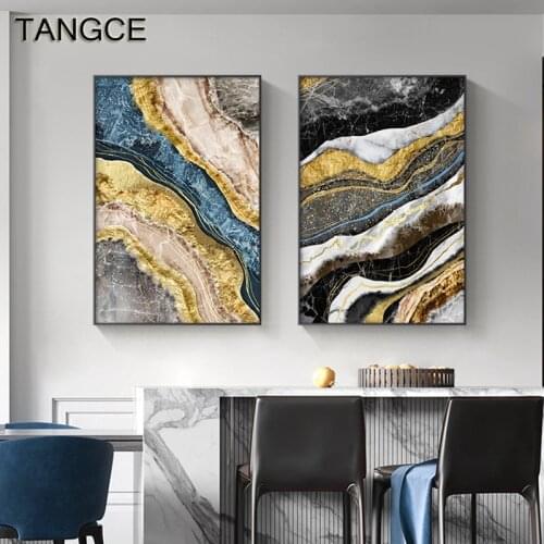 Golden Marble Pattern Posters Prints Abstract Black Blue Canvas Painting Luxury Decor Wall Art Picture for Living Room Bedroom