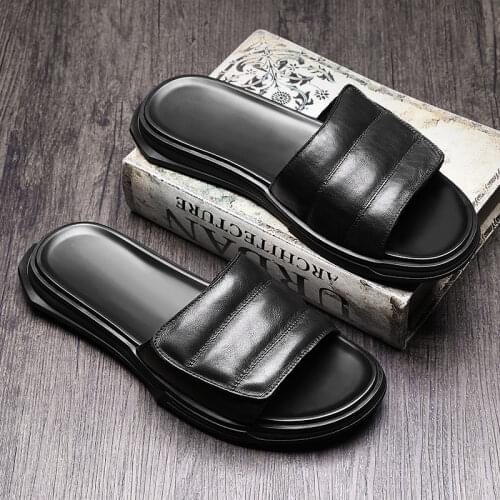 2020 Summer New Slippers Men Fashion Outside Slides 100% Real Leather White Platform Sandals Designer Casual Beach Slippers